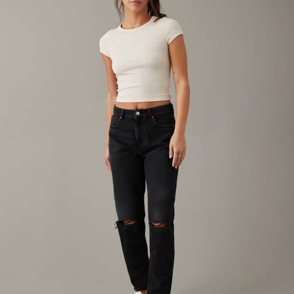 American Eagle Outfitters Black Straight-Leg Ripped Jeans